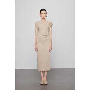 Max Simple Khaki Quiet Luxury Minimalist Midi Flutter Pleated Waist Dress XS